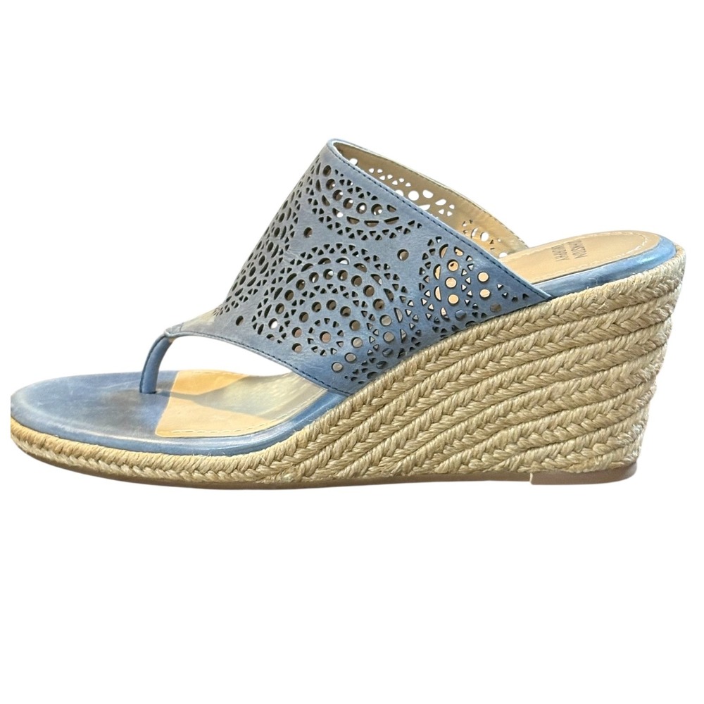 Johnston & Murphy Wedge Sandals Womens 8 Blue Laser Cut Espadrille‎ Thong Mules